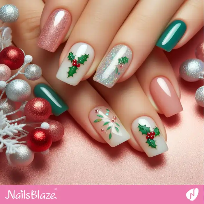 Glossy Holly Leaf Nails | Nature-inspired Nails - NB1640